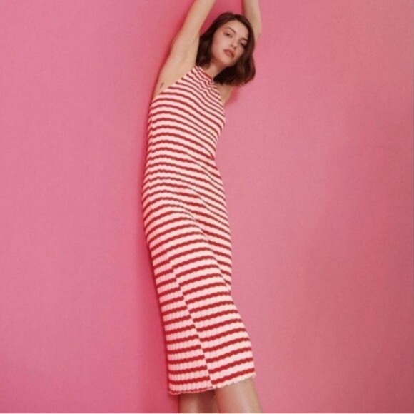 Zara Striped Ribbed Midi Tank Column Dress Red White Women's Size Medium - Picture 1 of 10